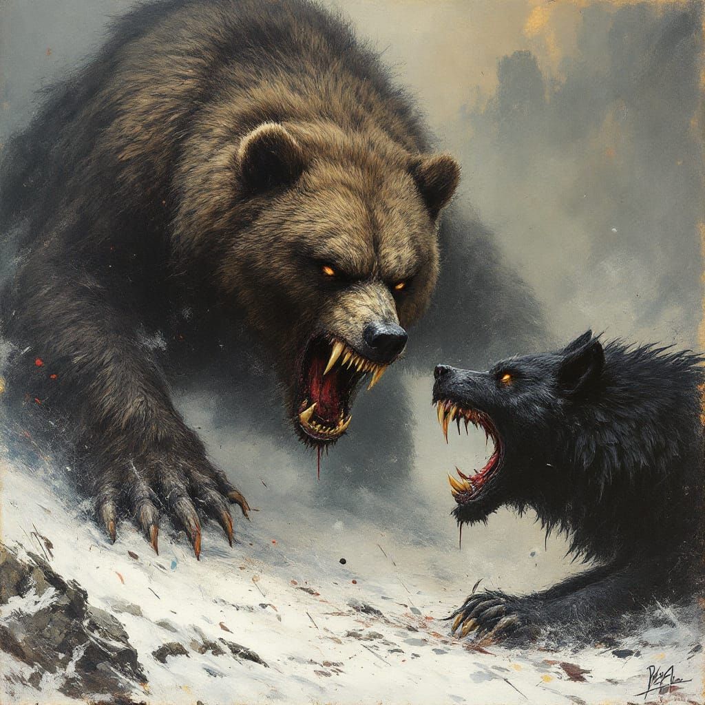 Visceral Wolf vs Bear Confrontation in Impasto Style
