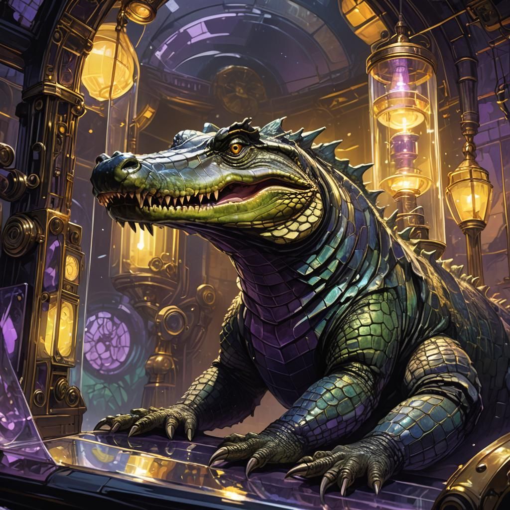 Nile Crocodile in Glass Tube, Dark Fantasy Art