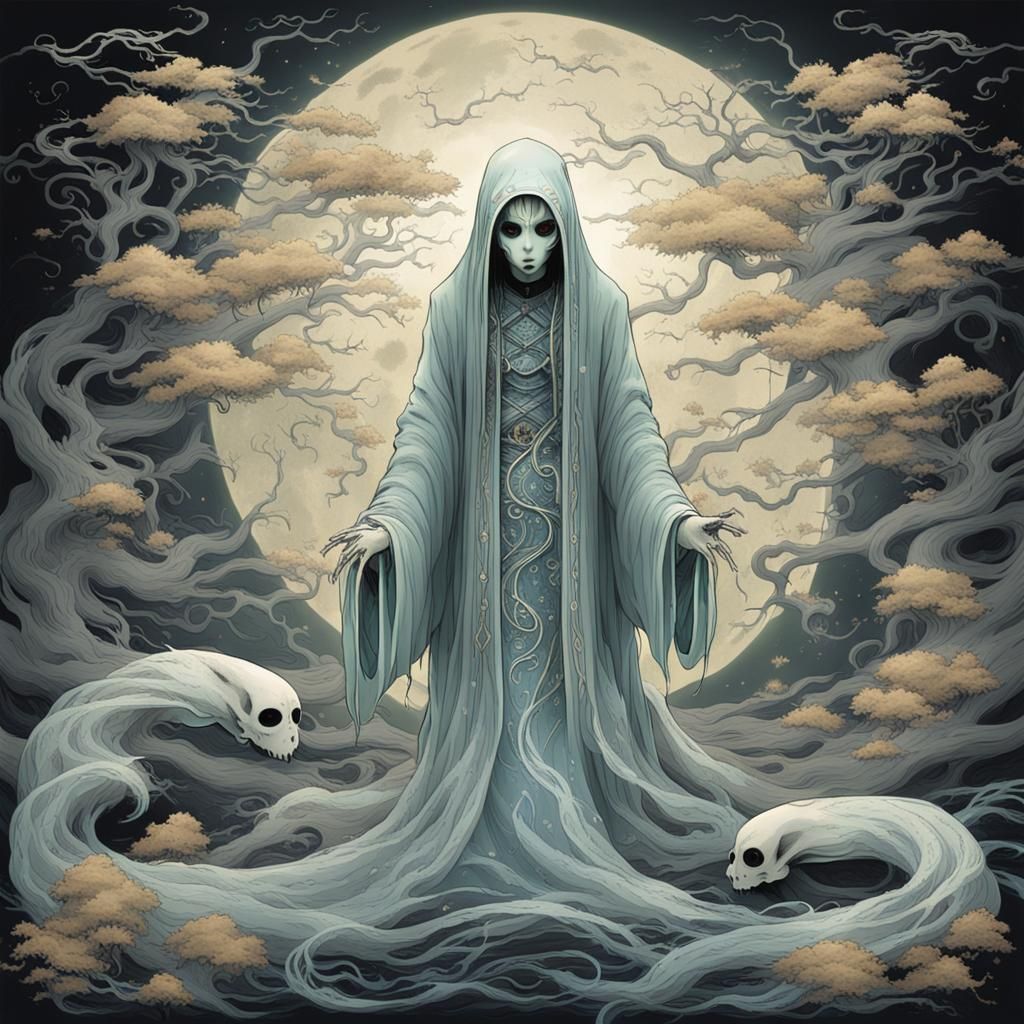 Venture into the eerie depths of Japanese folklore and conjure a spine-chilling image of a ghost infused with fantasy el...