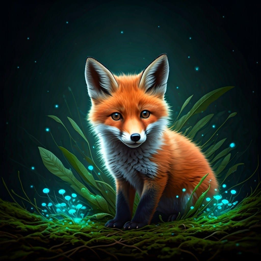 Mysterious Baby Fox Illuminated by Bioluminescent Blooms