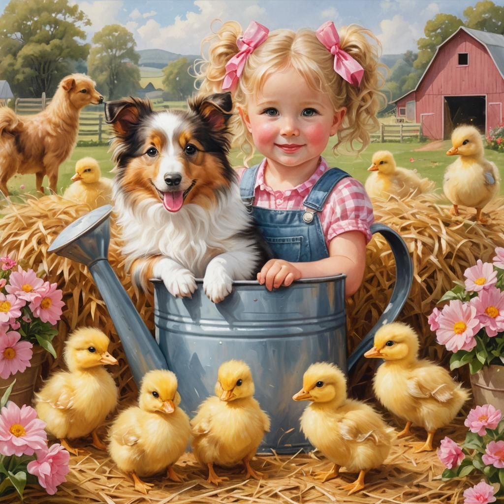 Sheltie Puppy in Watering Can with Toddler, Oil Painting