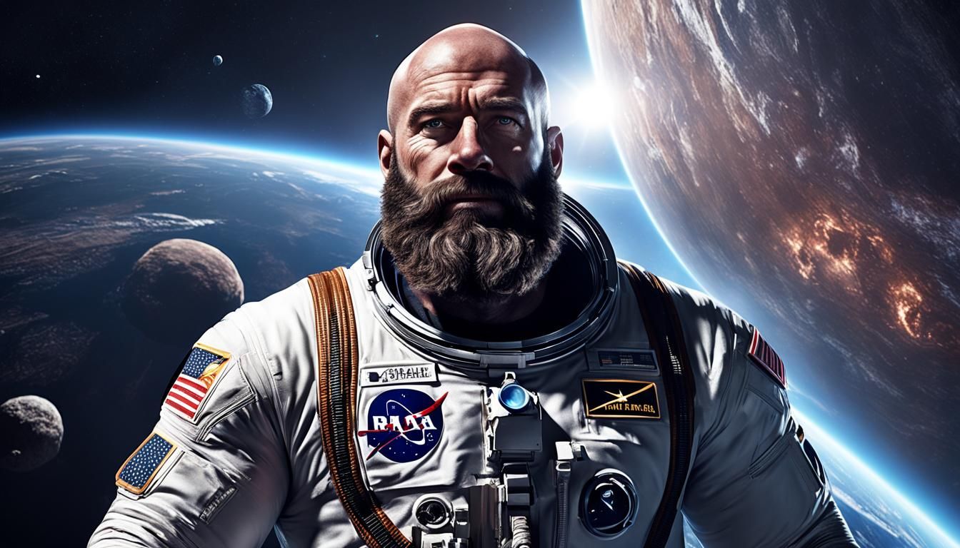 Muscular Hairy Astronaut in Space with Star and Black Hole