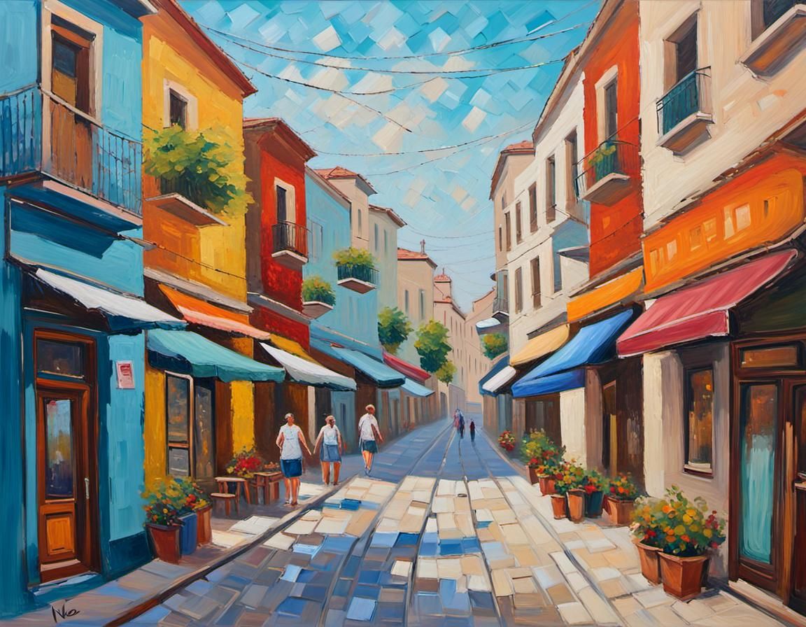 Lively Nikos Nomikos Street in Expressionist Oil Painting