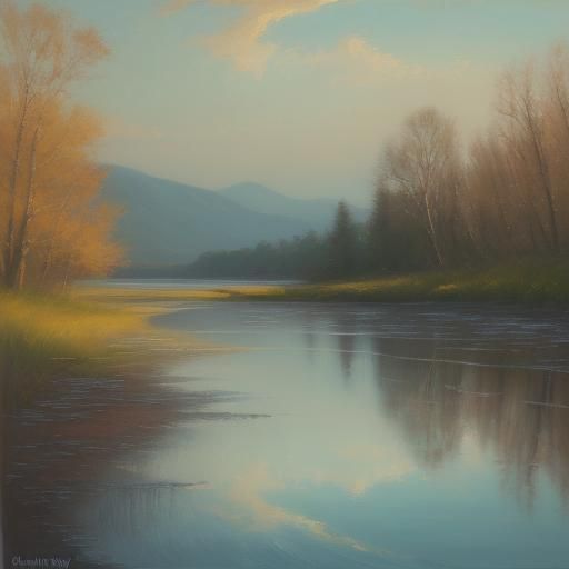 Serene River Flows to Sea in Oil Painting