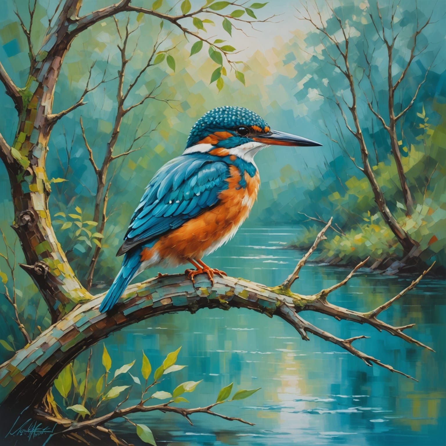 A lone kingfisher perched on a gnarled branch