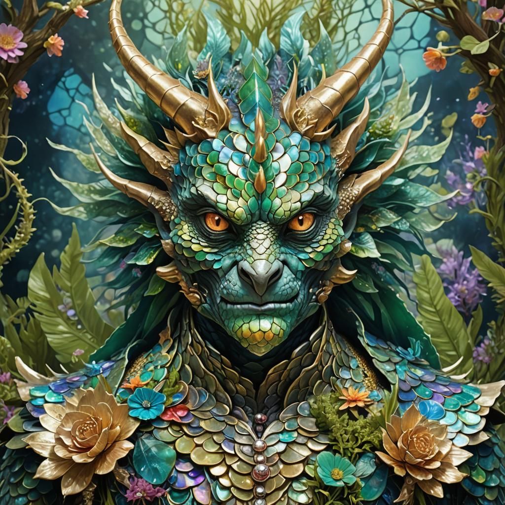 Iridescent Merman Portrait with Dragon Horns