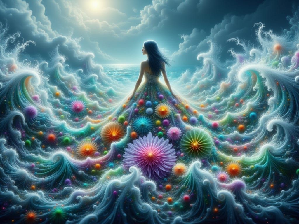 Woman Emerges from Ocean in Flowing Water Dress