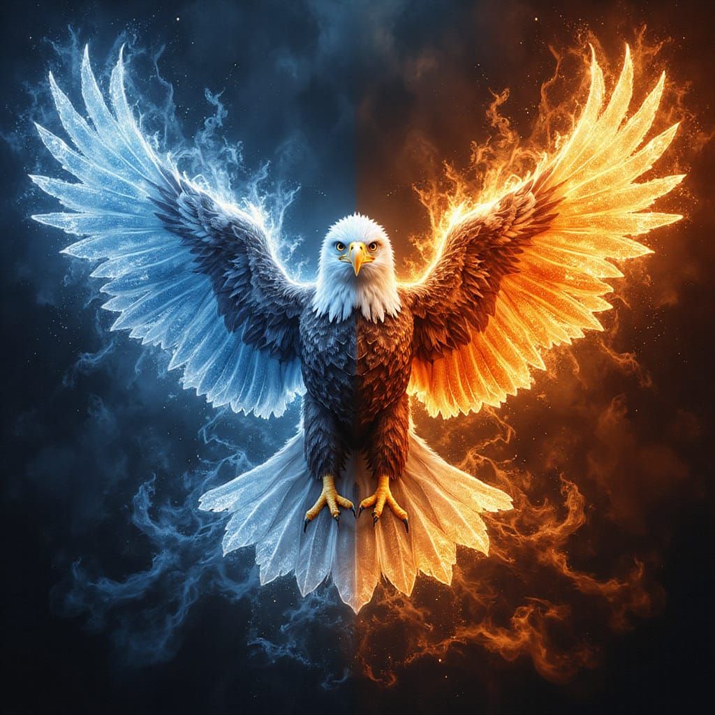 Fire and Ice Eagles Clash in High-Contrast Epic Painting