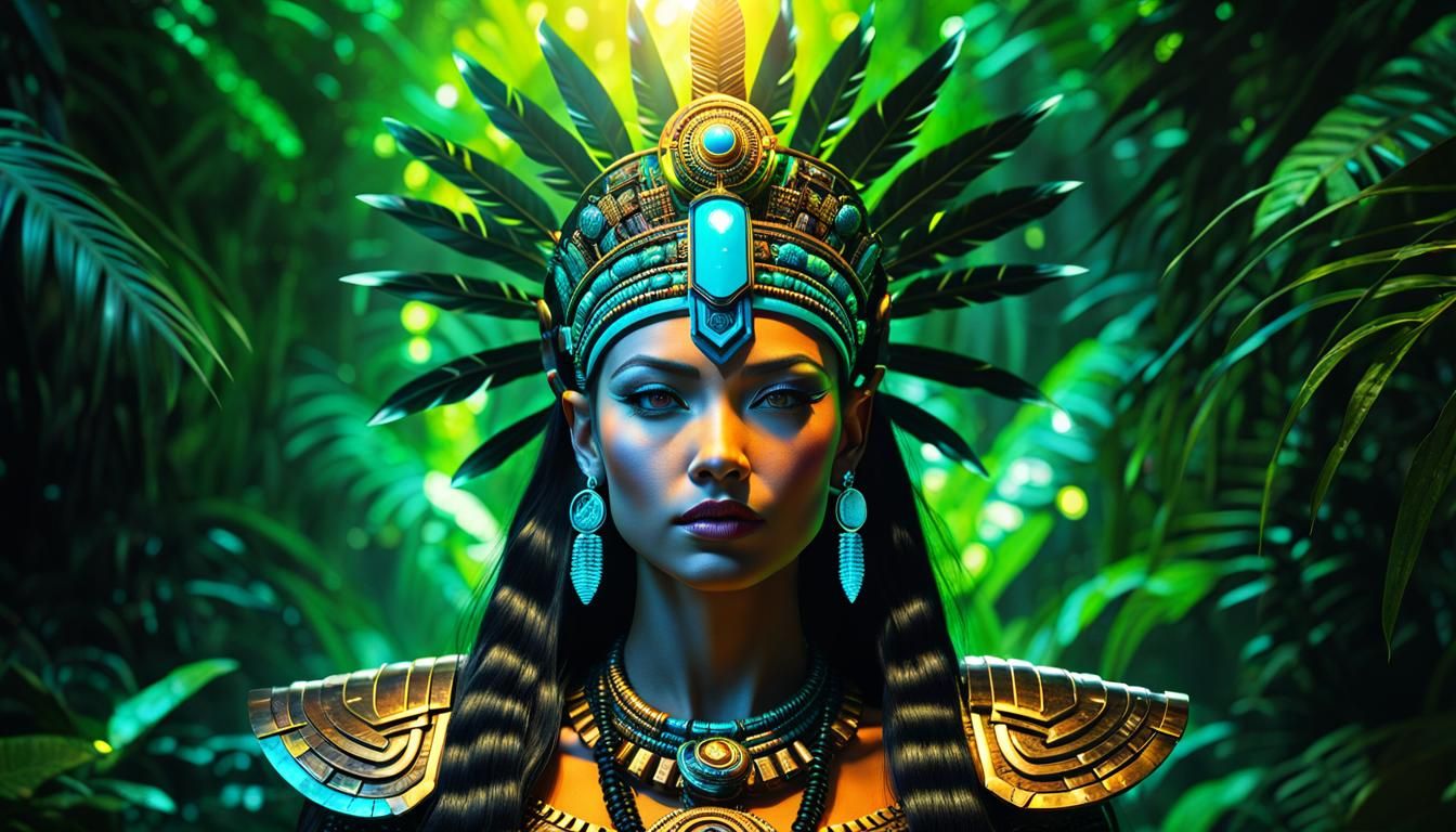 Dark Jungle Mayan Queen in Nuclearpunk Style