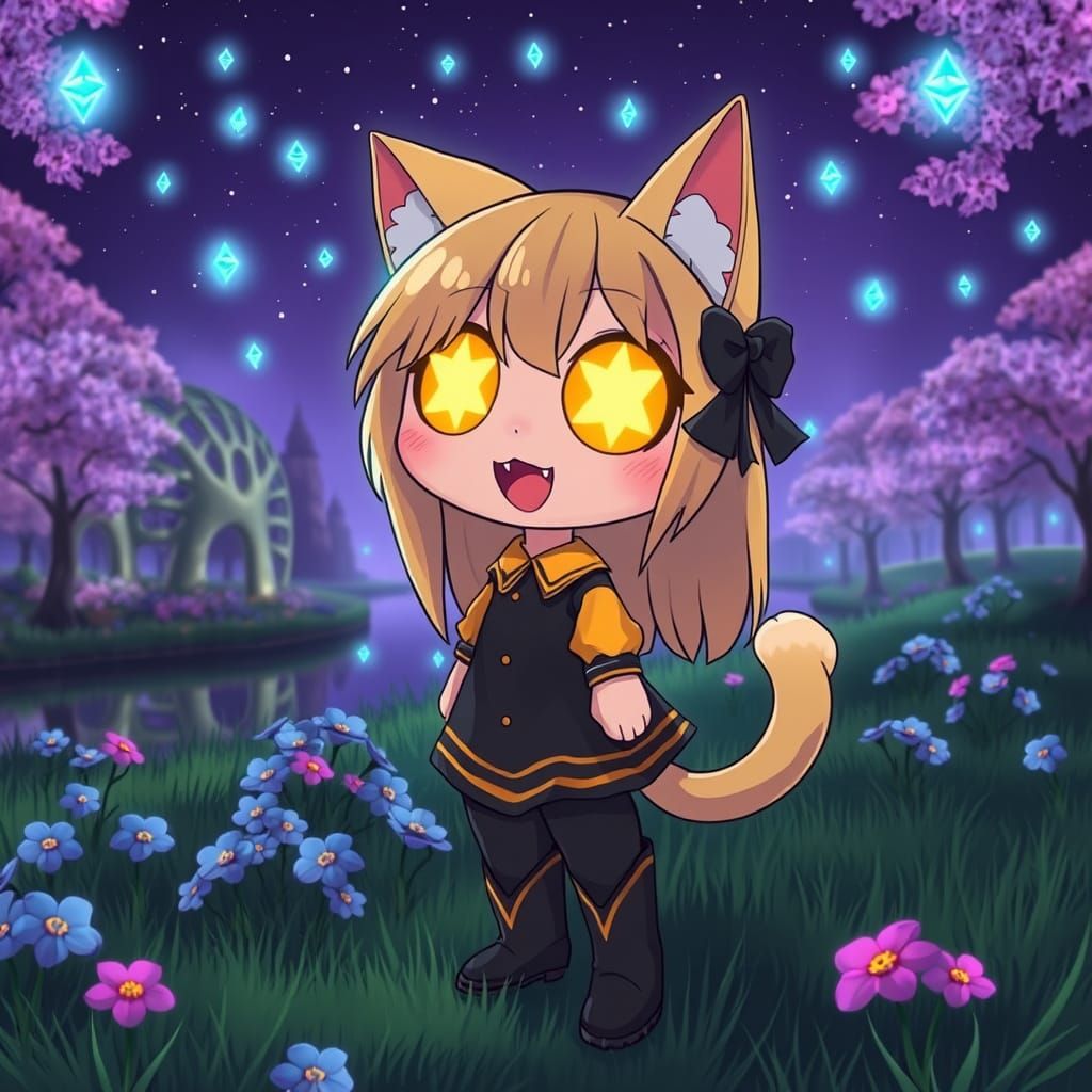 Synthwave Catgirl in Starry Ethereum Park