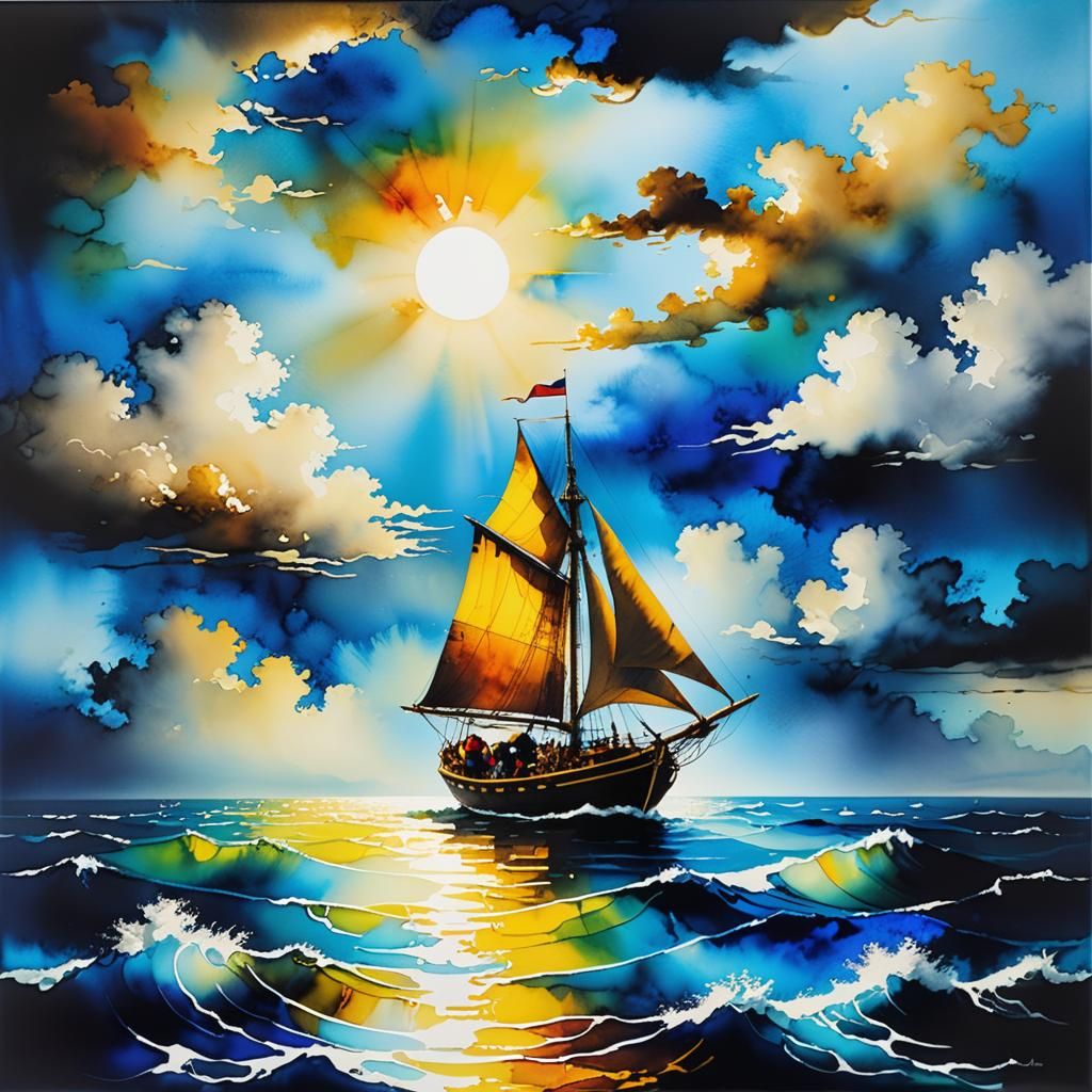Nostalgic Ocean Sailing in Alcohol Ink Style