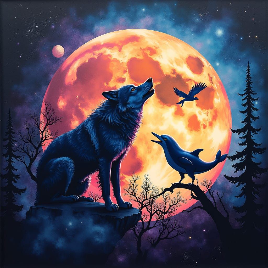 Hyperrealistic Cosmic Moon with Shimmering Wildlife Silhouet...