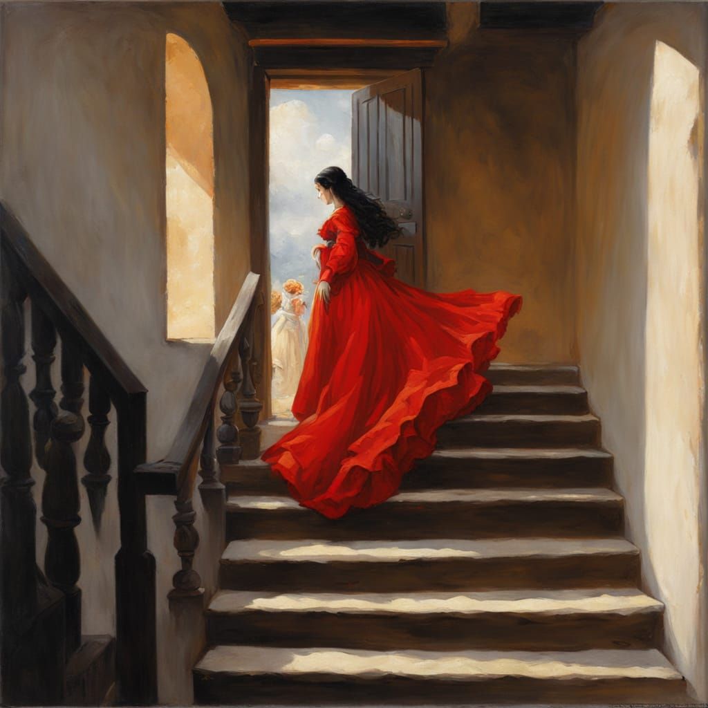 Medieval Girl Descends Stairs in Chiaroscuro Style