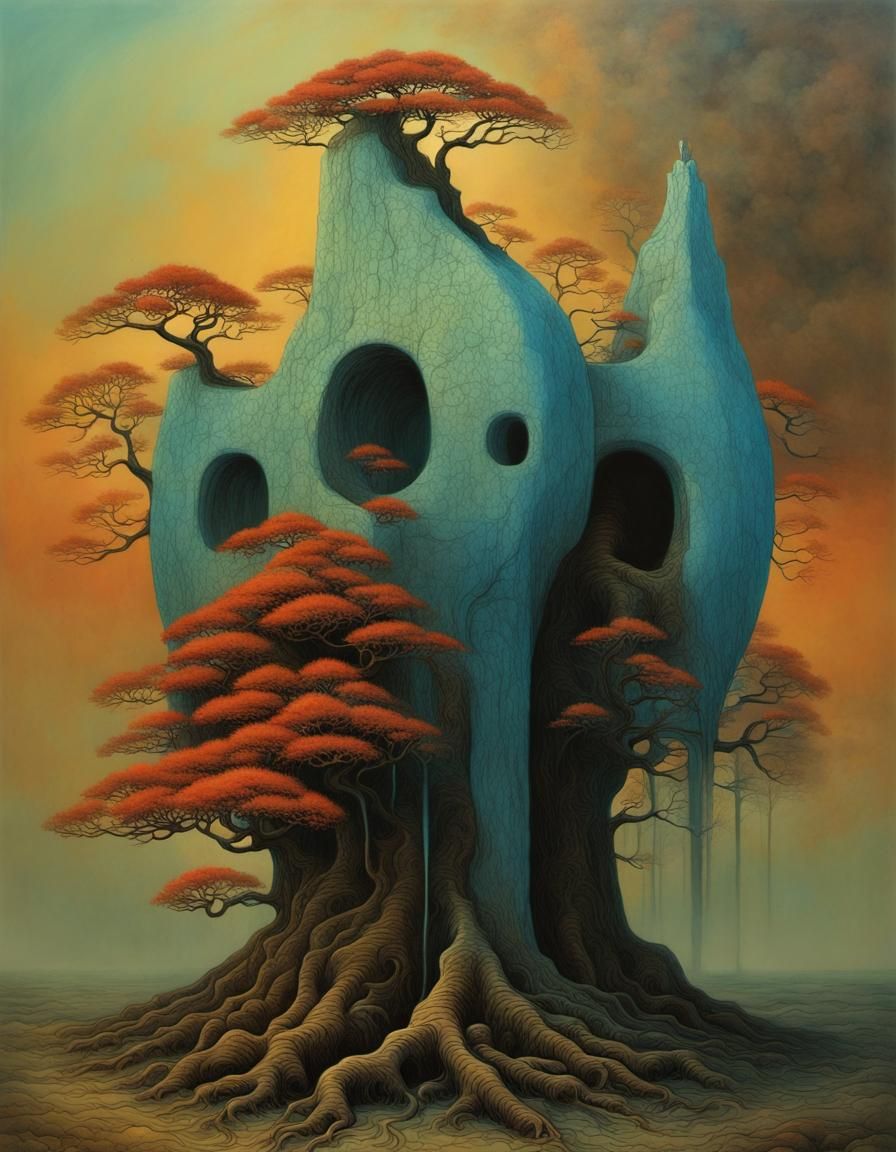 Surreal Bonsai Tree in Beksiński Style