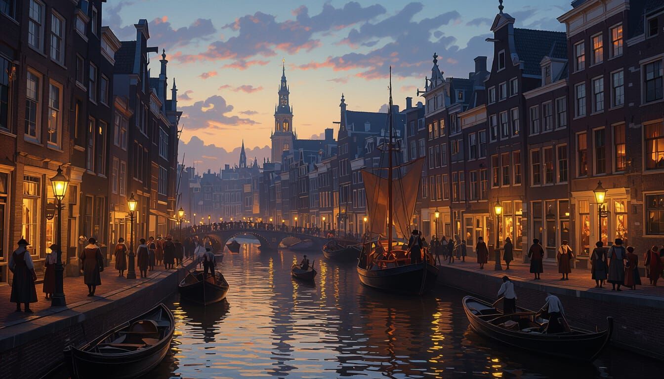 17th Century Amsterdam Canal Scene at Dusk