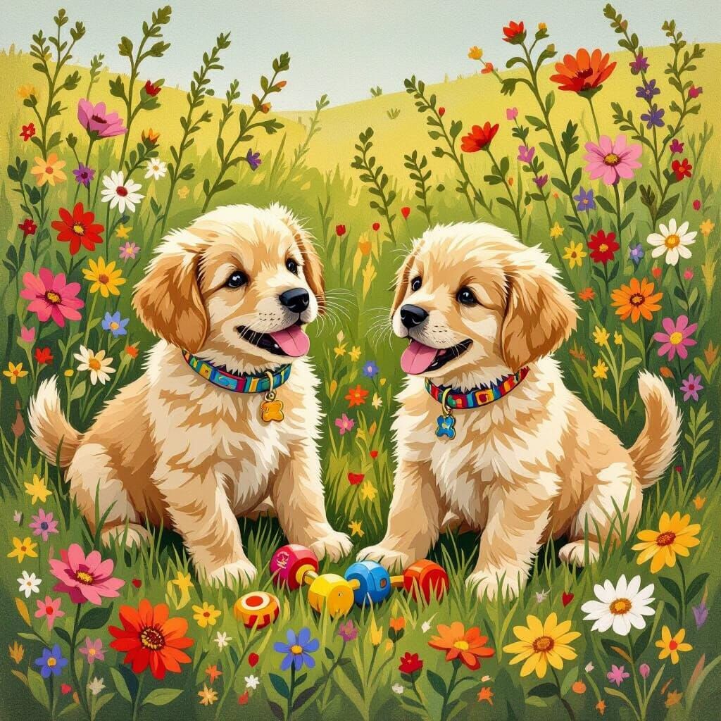 Golden Retriever Puppies Play in Whimsical Meadow