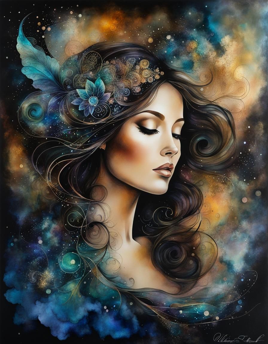 Ethereal Lady in Dark Celestial Dreamscape