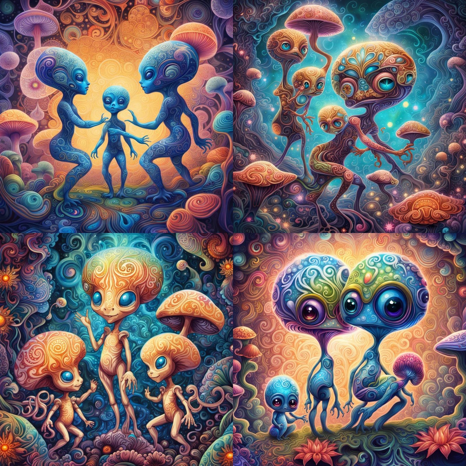 Joyful Alien Creatures in Suminagashi Art Style