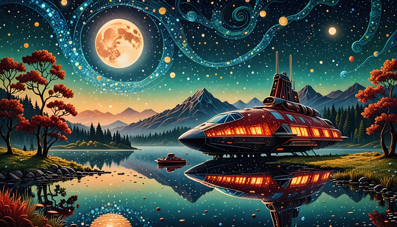 Pointillist Spaceship by Lake in Paper Quilling Style