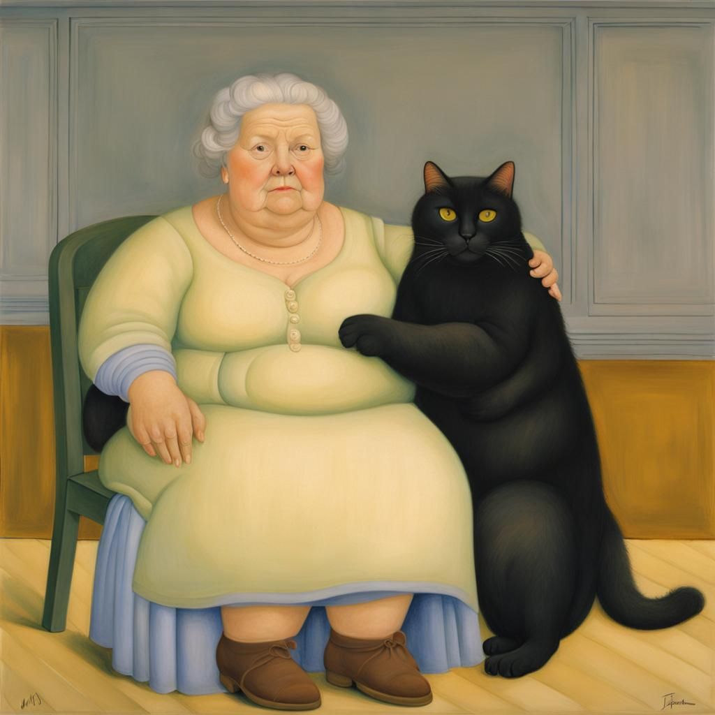 Woman with Calico Cat in Botero Style