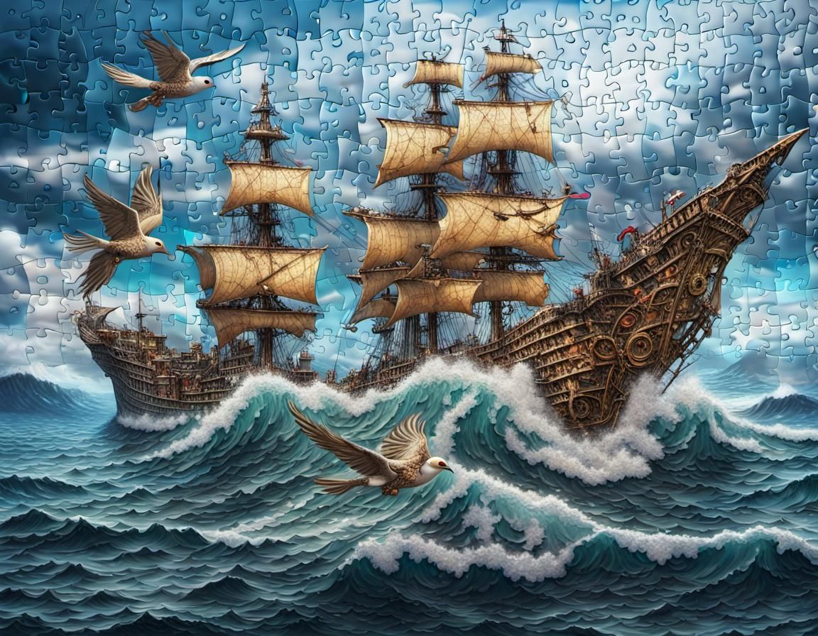 Cyberpunk Jigsaw Puzzle on Choppy Ocean