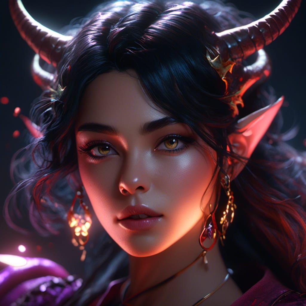 Draconic Tiefling Sorceress Portrait in Hyperrealistic Style