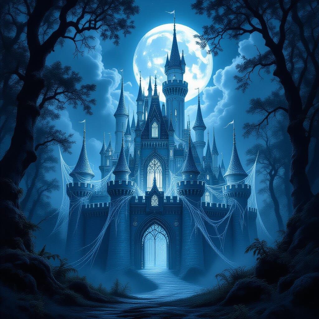 Ethereal Silver Web Castle in Mystical Forest