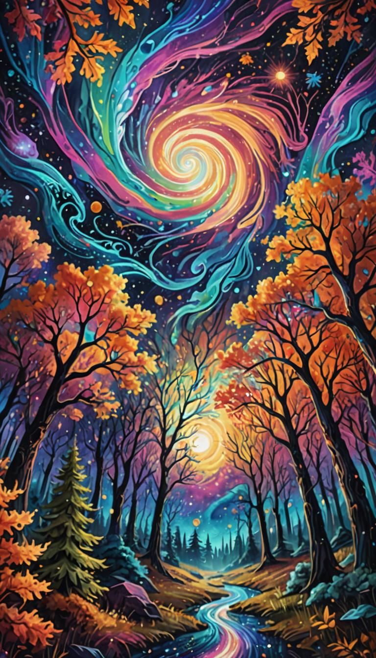 Vibrant Fall Background with Astral Cosmic Illustration