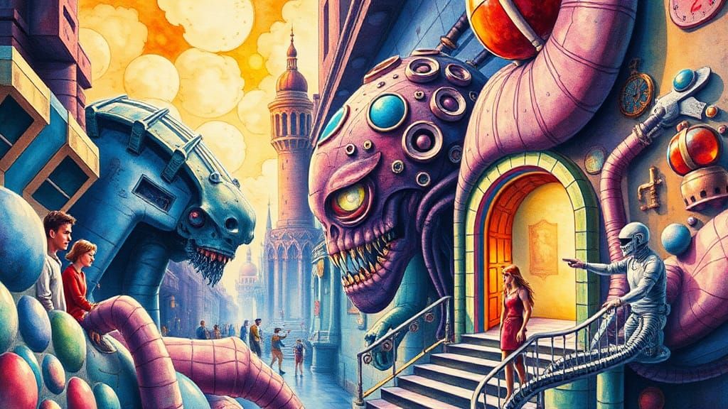 Surreal Sci-Fi Scene in Watercolor Style