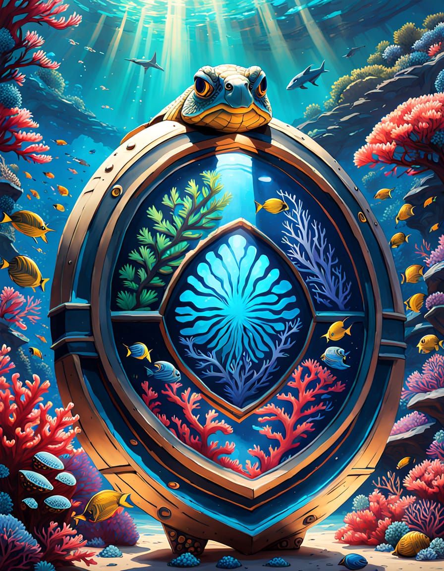 Giant Turtle Shield with Bioluminescent Coral, Anime Fantasy...