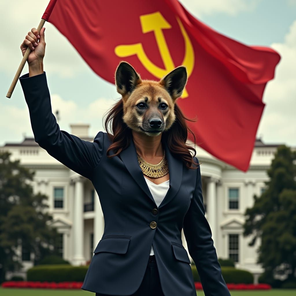 Kamala Harris Hyena Waves Communist Flag at White House