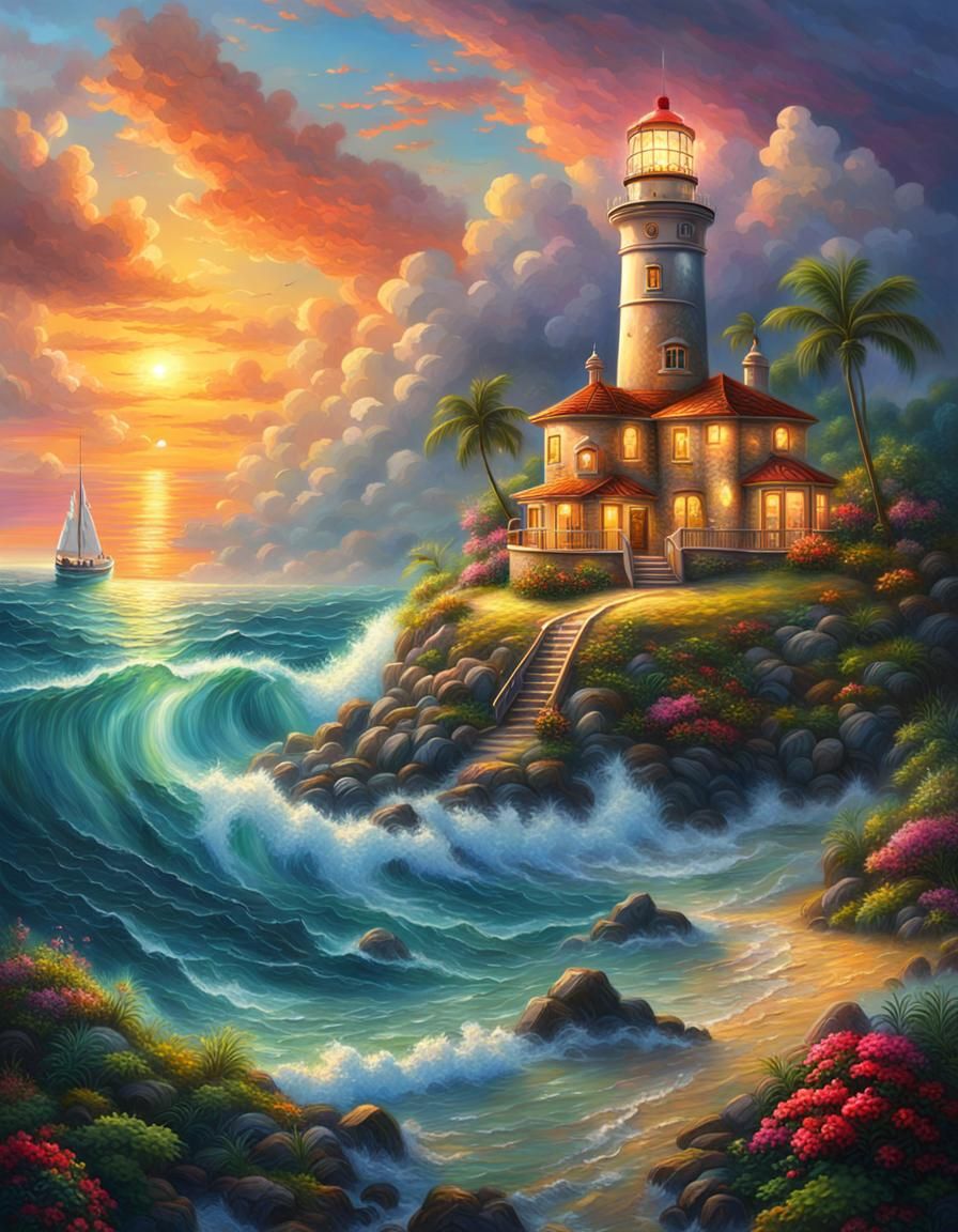 Tropical Island Lighthouse at Sunset: Hyperrealistic Oil Pai...