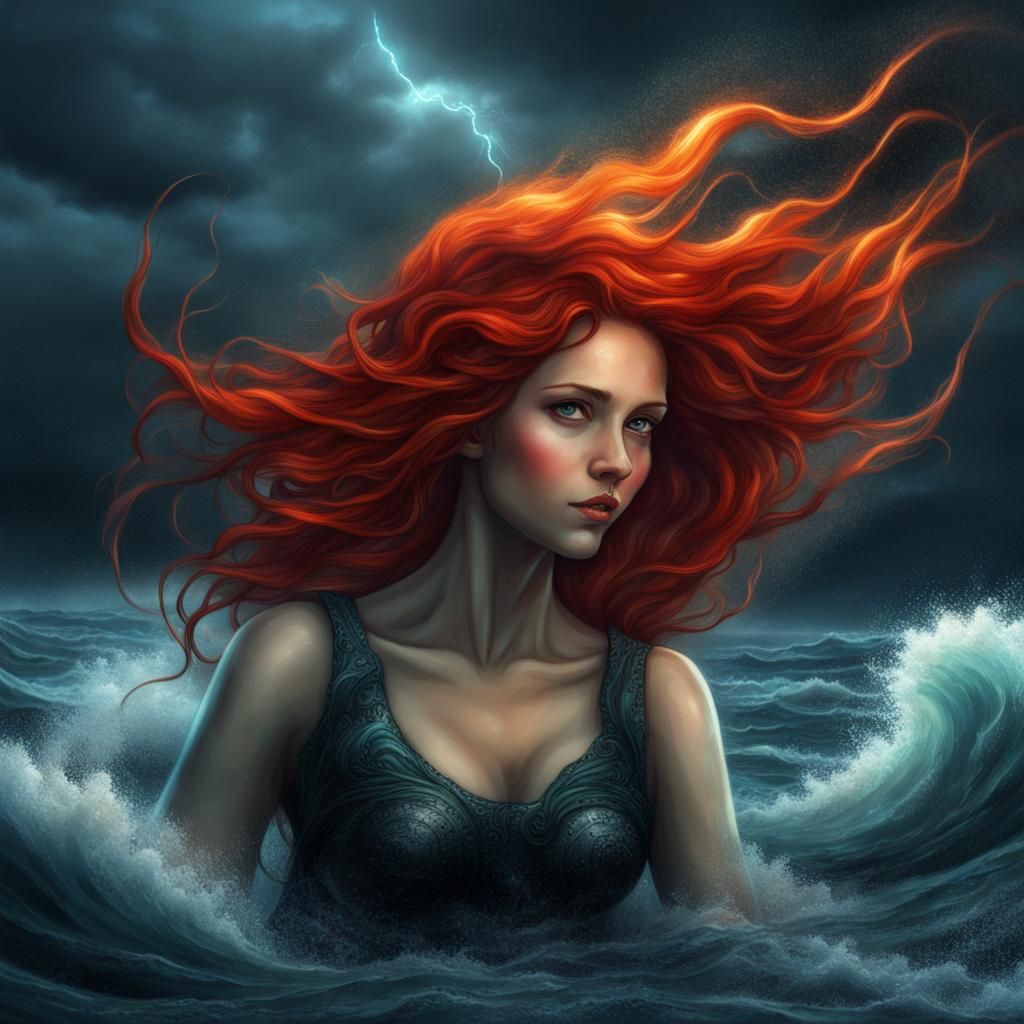 Bioluminescent Mermaid in Stormy Sea, Dark Fantasy Art