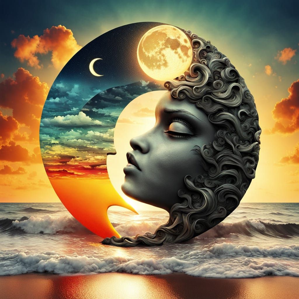 Surreal Yin Yang Sun Moon Beach Sunset