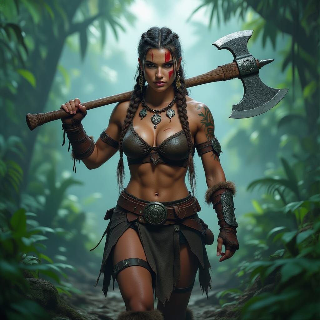Barbarian Woman Treks Through Lush Jungle