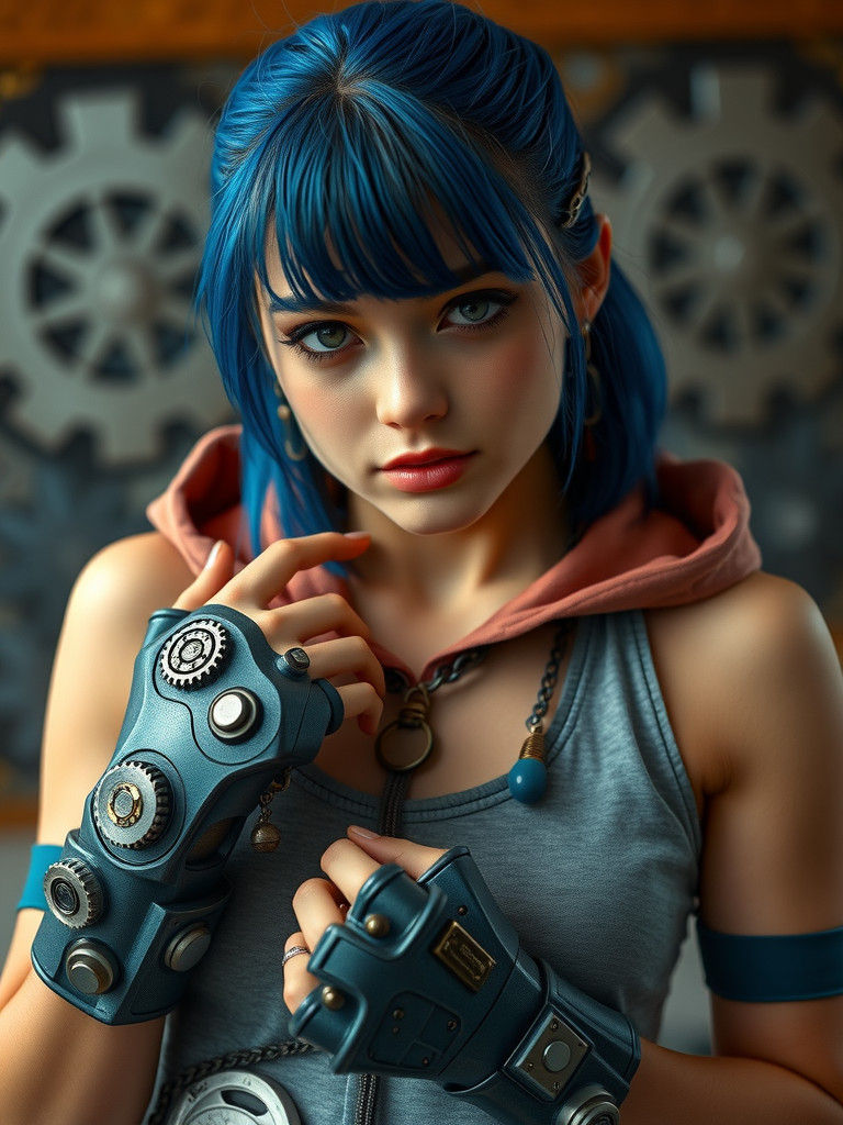 Steampunk Mechanic Girl with Blue Hair