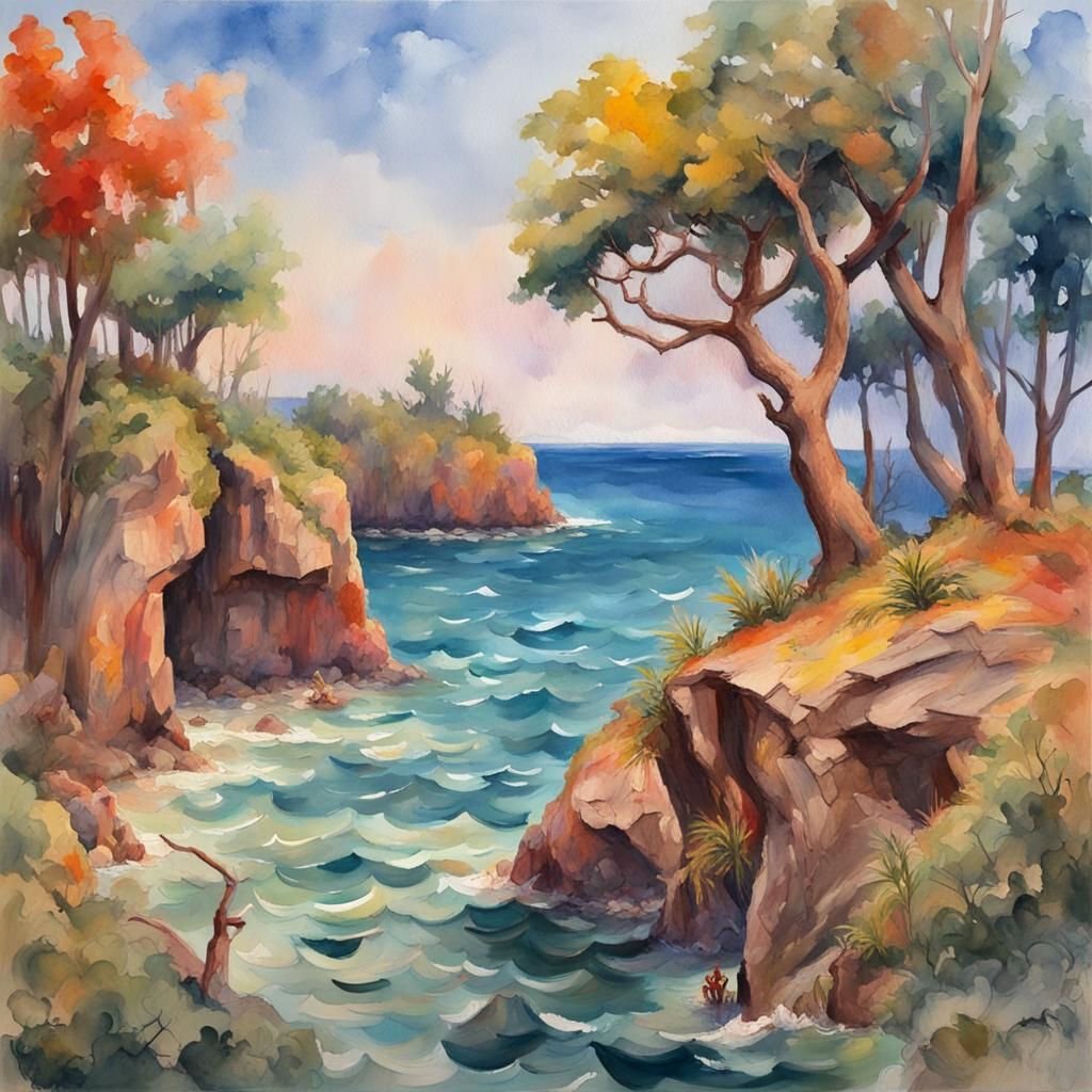 Island Gouache Painting with Thick Brush Strokes