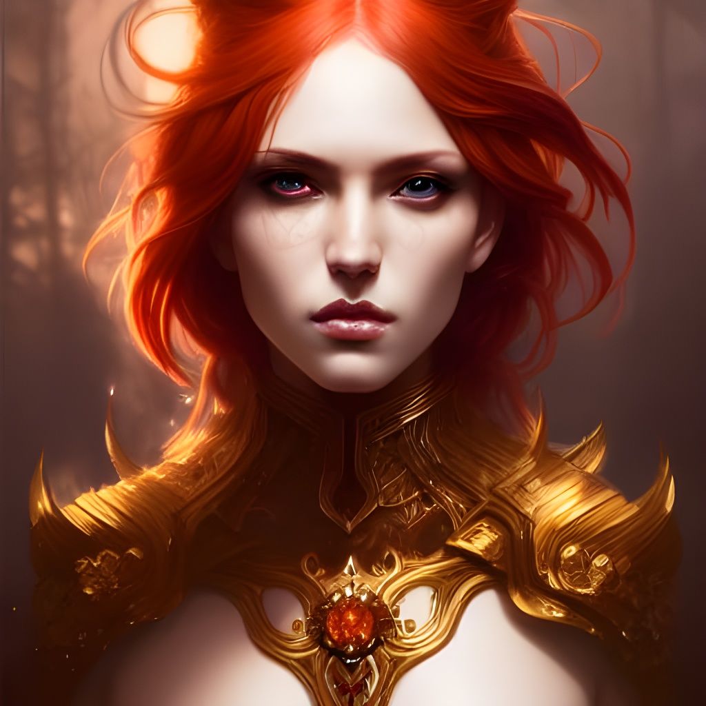 Beautiful Goddess in Amber Armor, Digital Illustration
