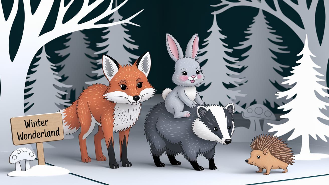Cute Animals in Snowy Forest Pop-Up Card Style