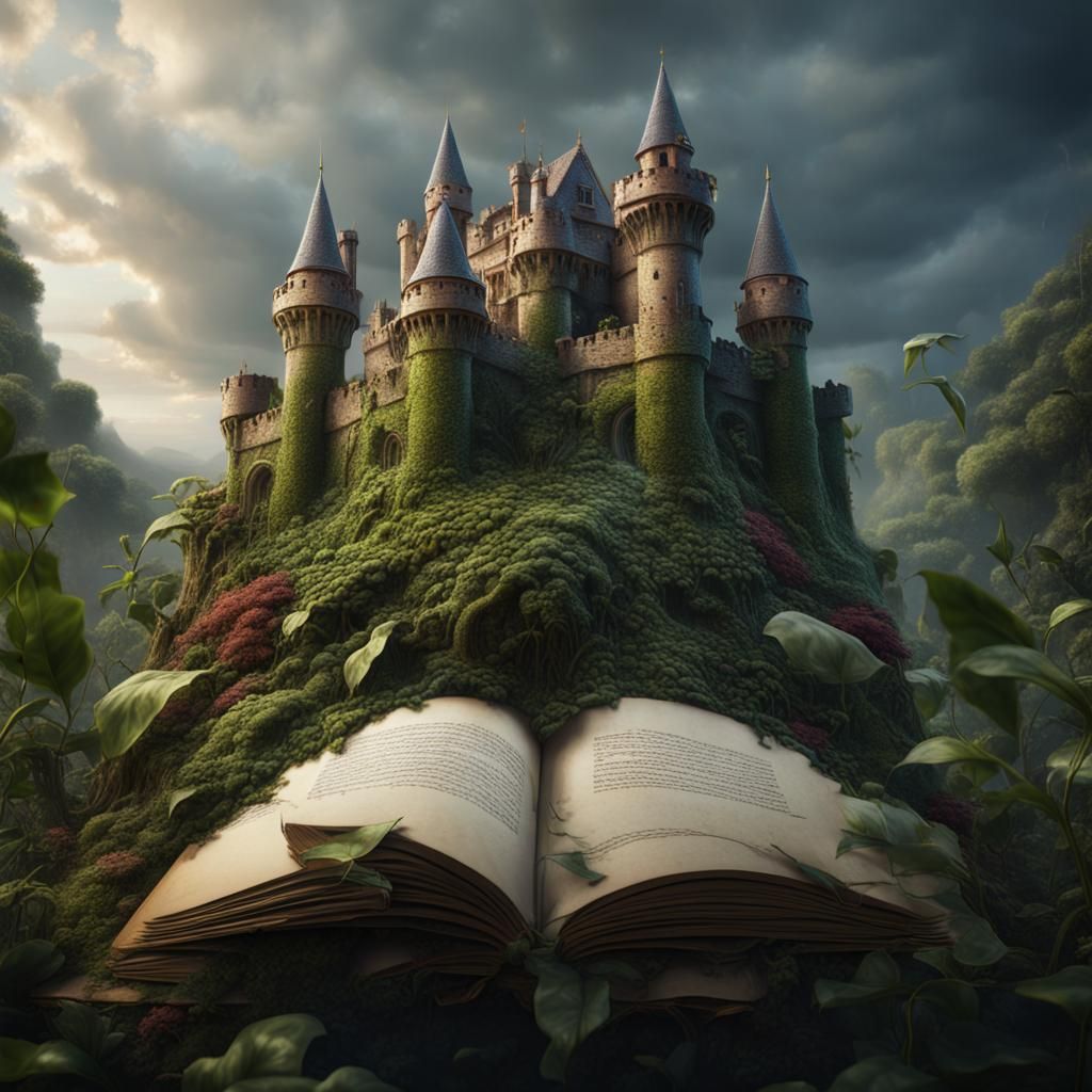 Fantasy Castle Rising From Book, Detailed Matte Painting