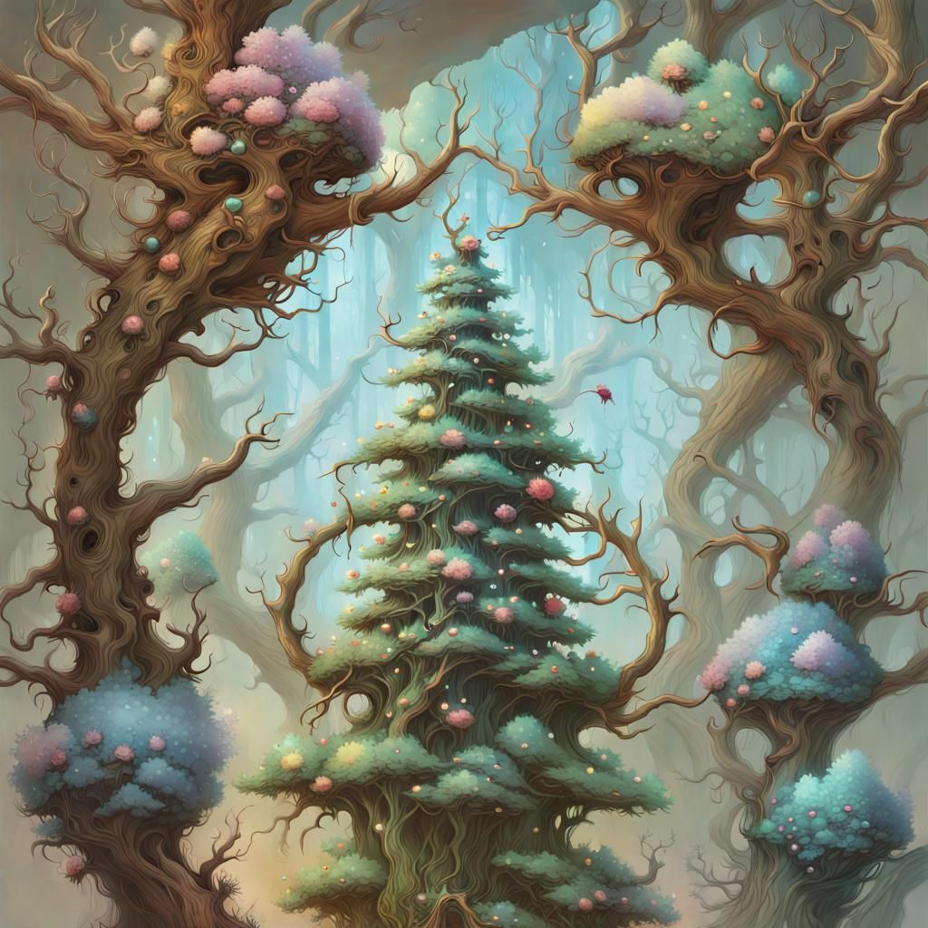 Yule Evergreen in Arch with Fog