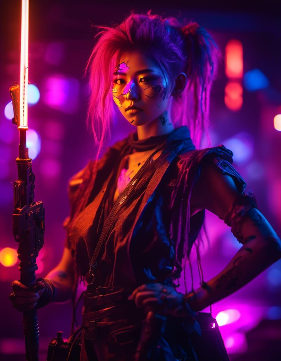 Cyberpunk Elf Mage in Neon Tavern Portrait