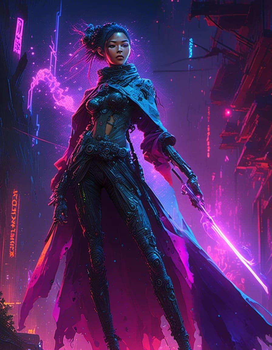 Cyborg Elf Mage in Neon Tavern