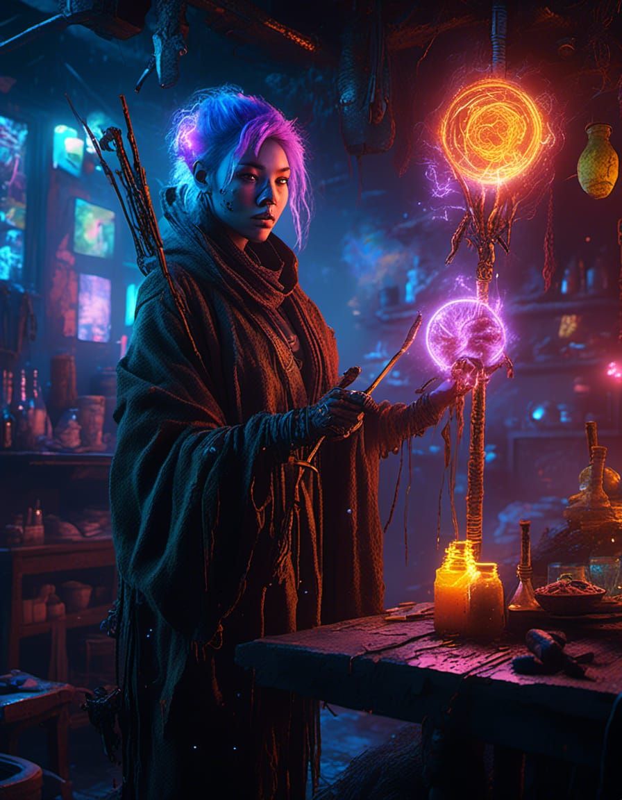 Magi-Tech Elf Mage in Neon Noir Fantasy Tavern
