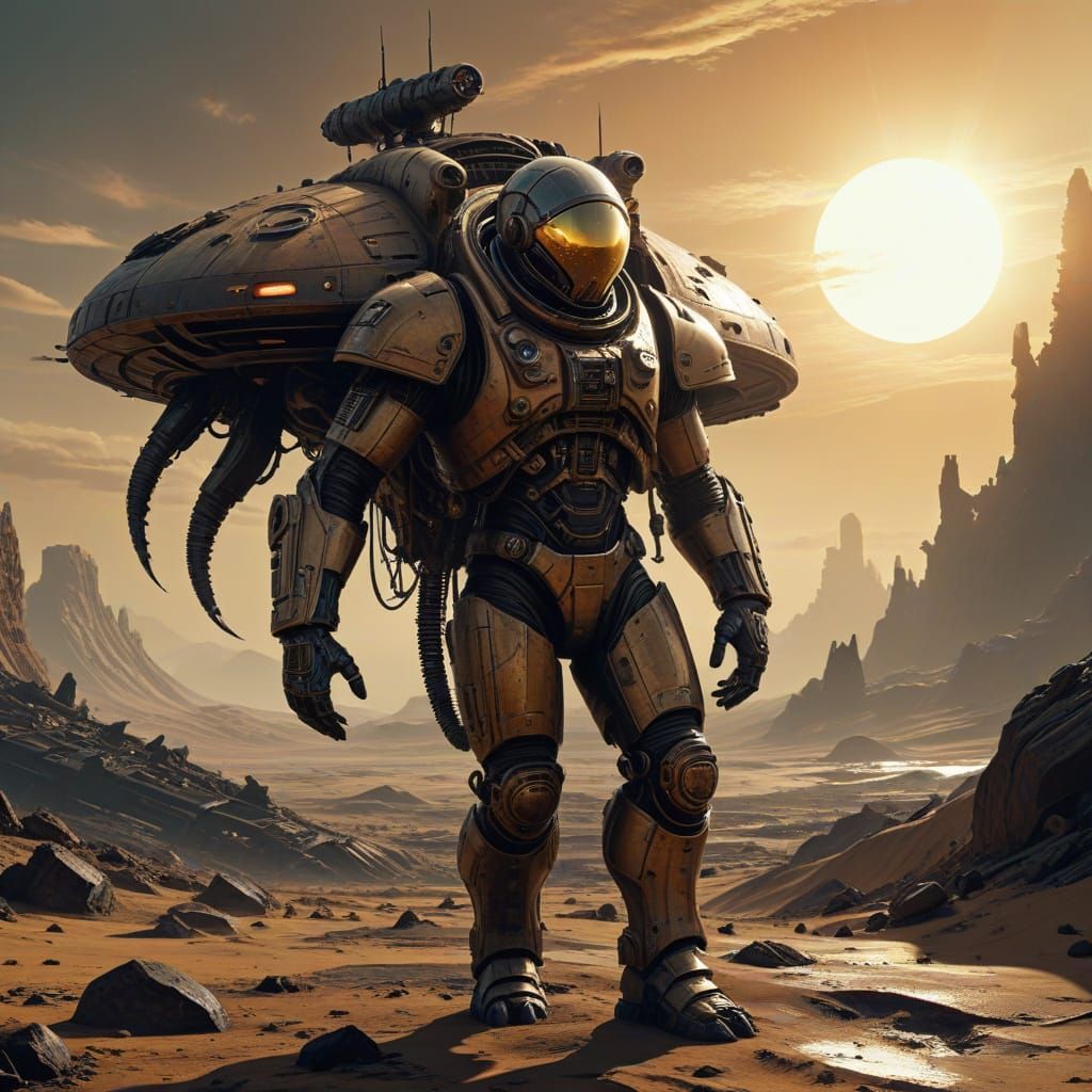 Steampunk Astronaut on Alien Planet with Derelict UFO