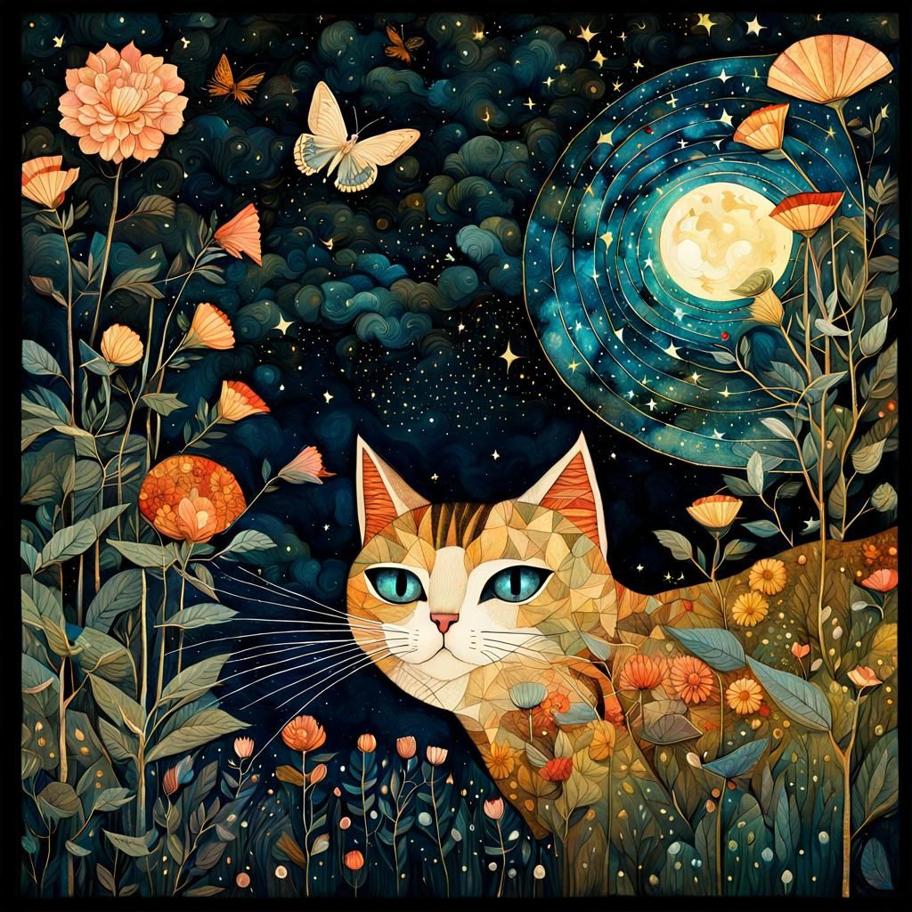 Whimsical Cat Chasing Moth at Night