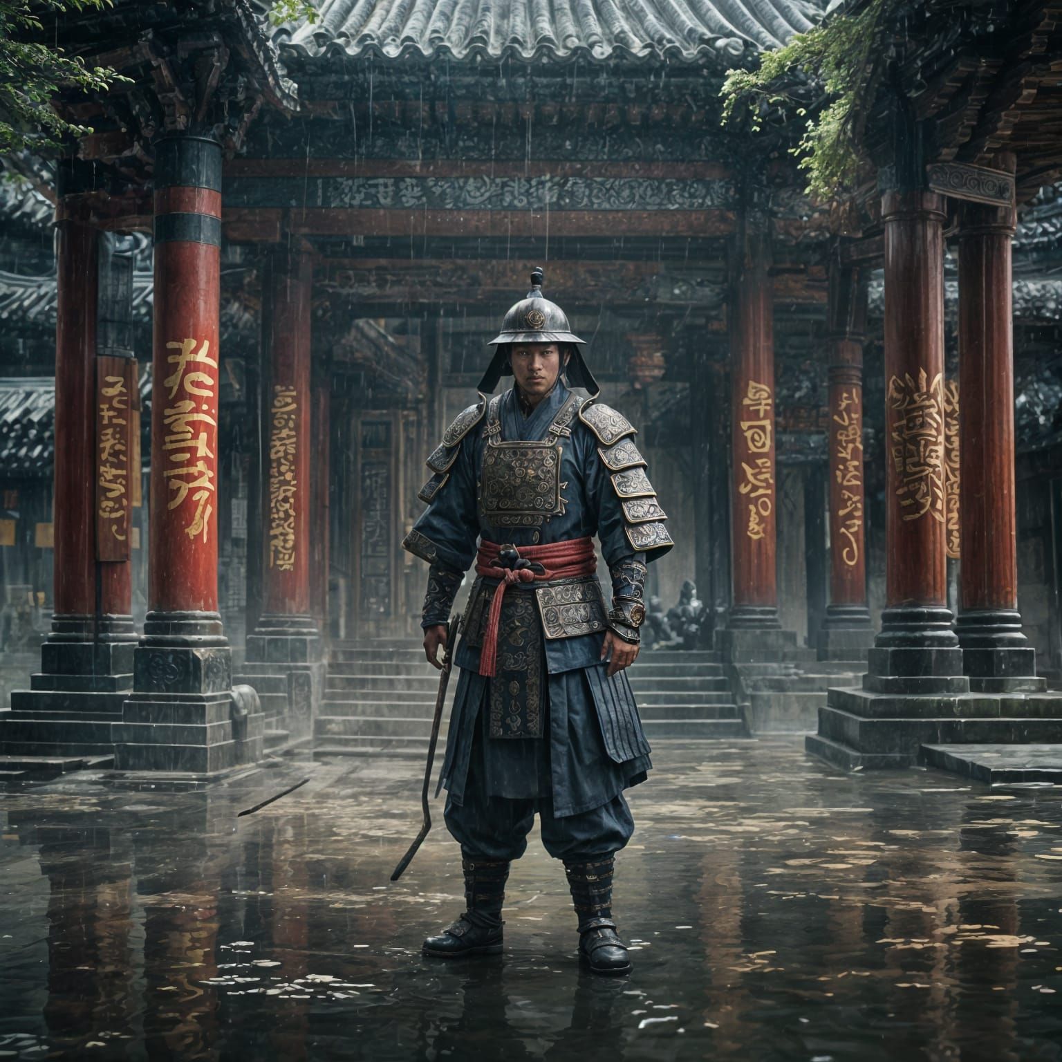 Korean Samurai in Rainy Temple: Detailed Matte Painting