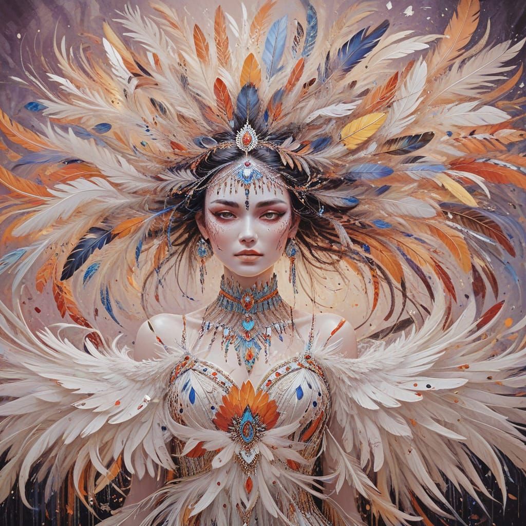 Woman Adorned with Vibrant Feathers in a Tapestry of Emotion...