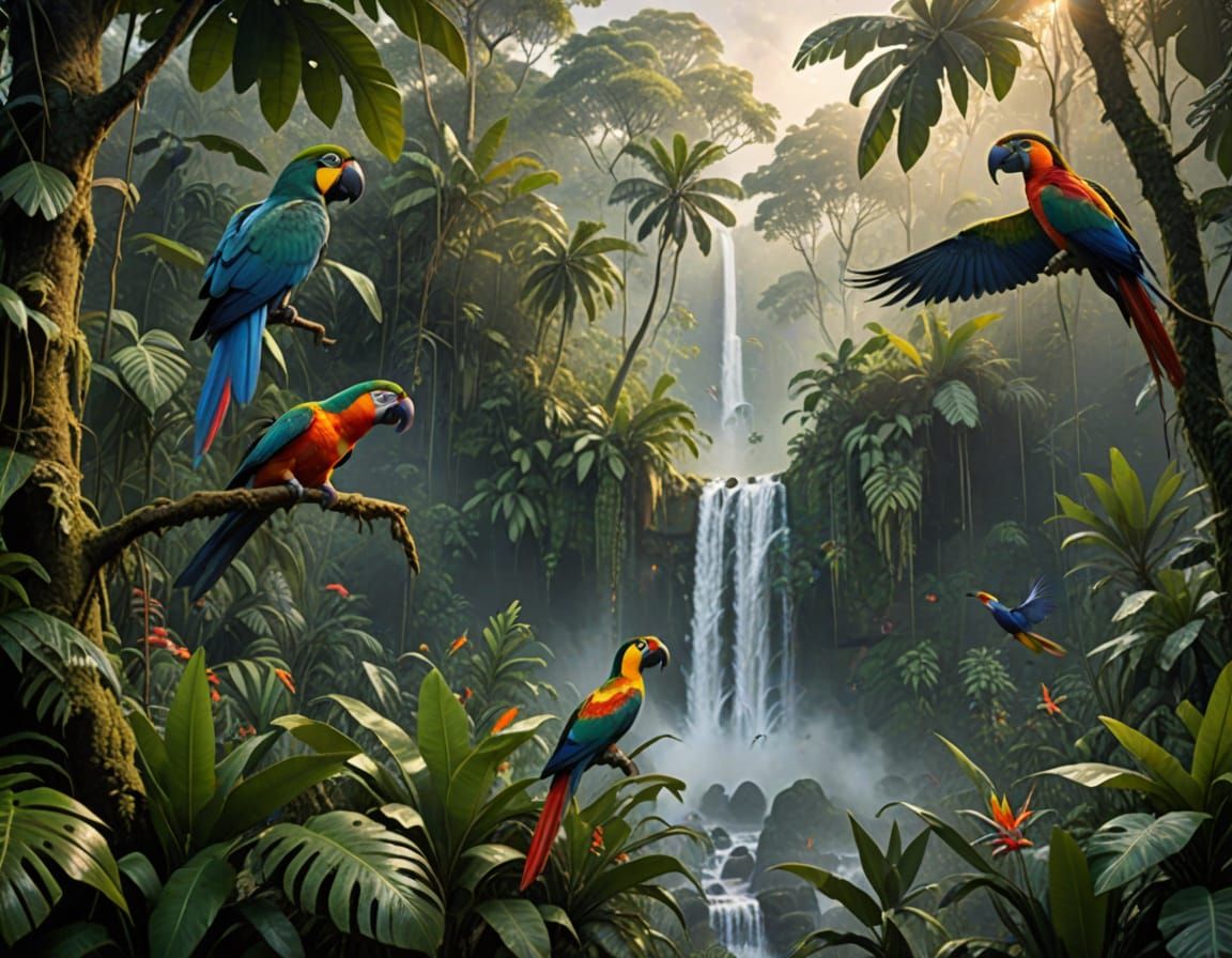 Vibrant Tropical Birds in Misty Rainforest with Waterfall