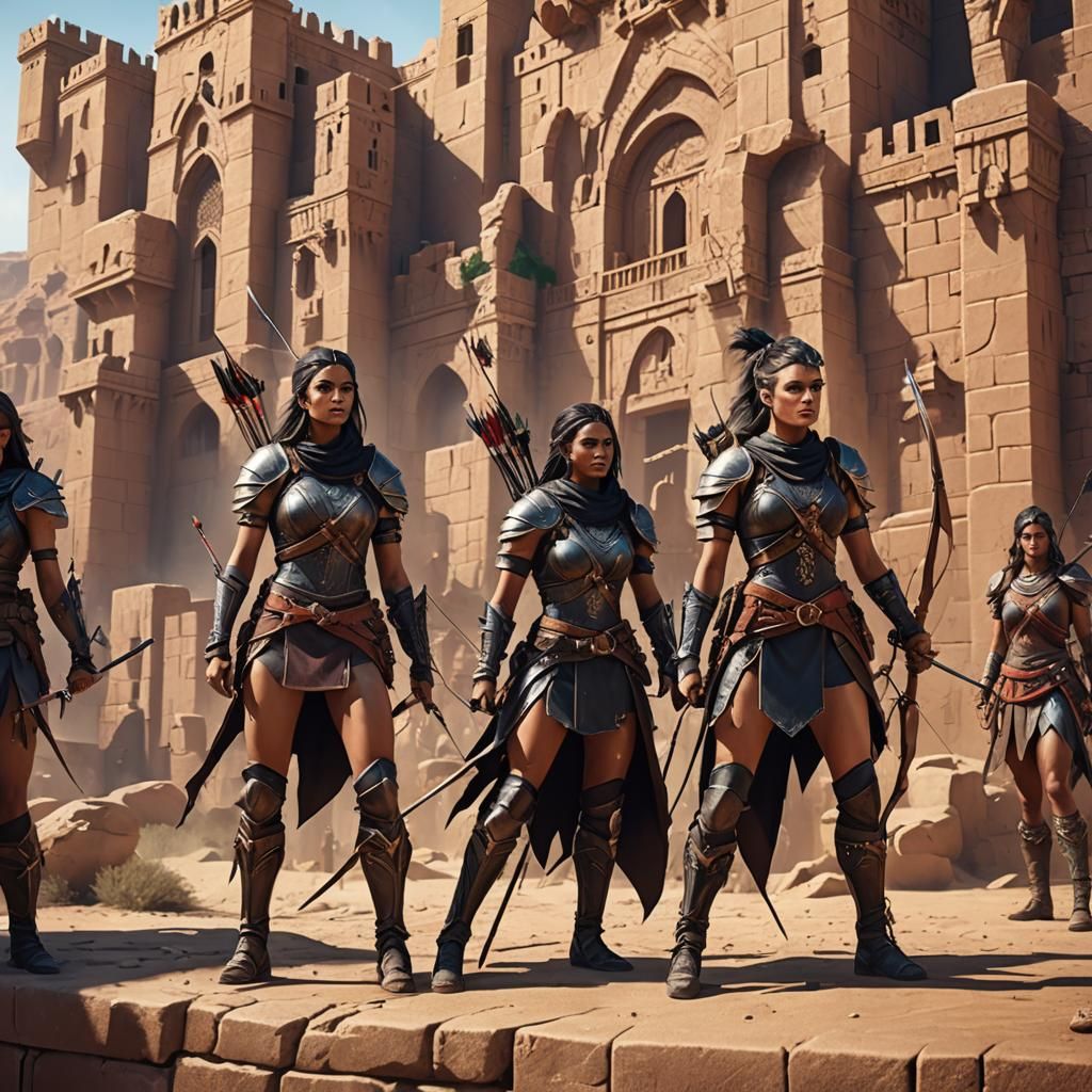 Female Warriors Defend Desert City in Fantasy Art